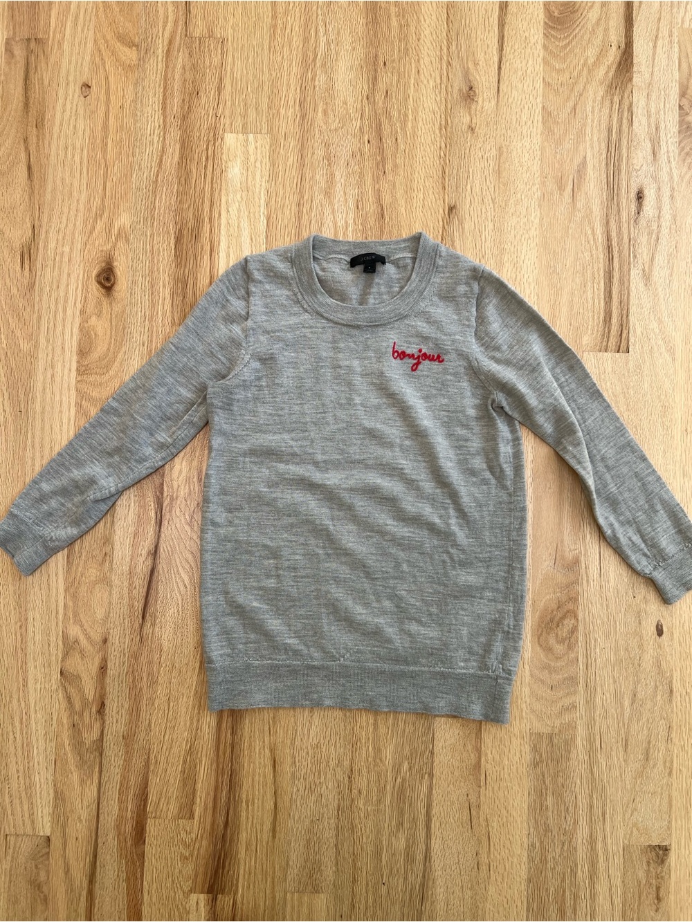 J. Crew Light Gray Crewneck Sweater with Red 'bonjour' Embroidery